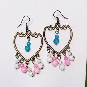 Boho Heart Earrings Dangling Blue Pink White beads